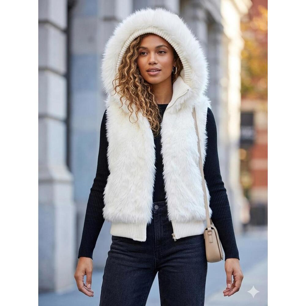 MNG White Faux Fur Hooded Vest with Ribbed Hem XS Coquette